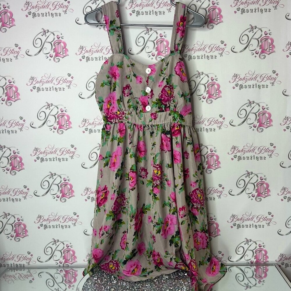 Studio dress vintage buttons neon grey flowers Floral Dress in Pink and Green